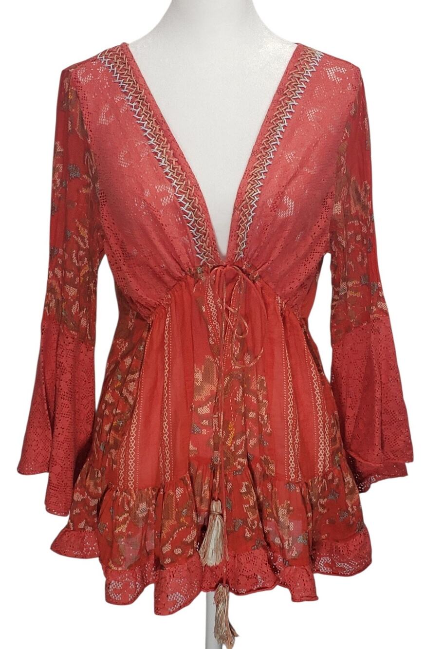 Guadalupe Design  Red Peplum Top L Embroidered Romantic Boho Festival Shimmer